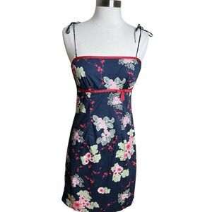 Vintage Rampage Dress Womens 5 Navy Floral Red Bow Trim Tie Sleeves‎ Romantic
